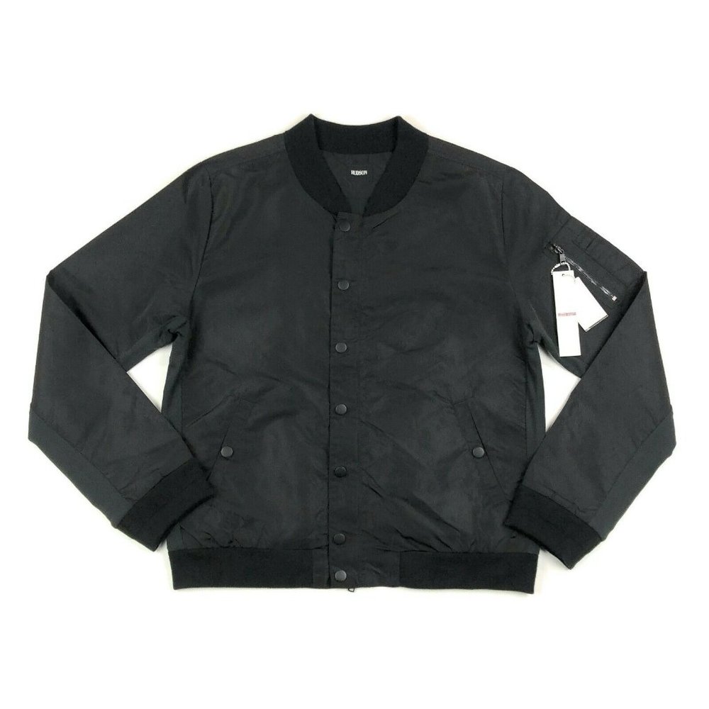 Hudson Jeans Mens XL Black Snap Button Front Nylon Bomber Jacket Lightweight